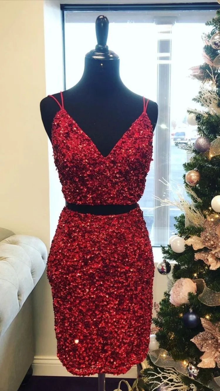 2 Piece Sequin Bungundy Short Prom Dresses Mini Homecoming Dresses