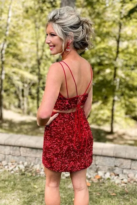 2 Piece Sequin Bungundy Short Prom Dresses Mini Homecoming Dresses