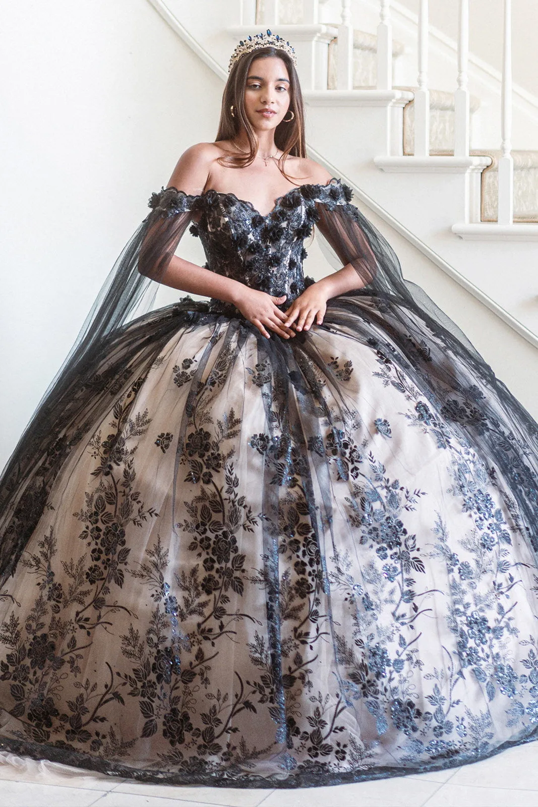 3D Floral Applique Glitter Pattern Embellished Mesh Long Quinceanera Dress GLGL3500