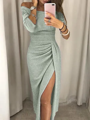 A-line Neck Sequin Slit Wrap Party Dress