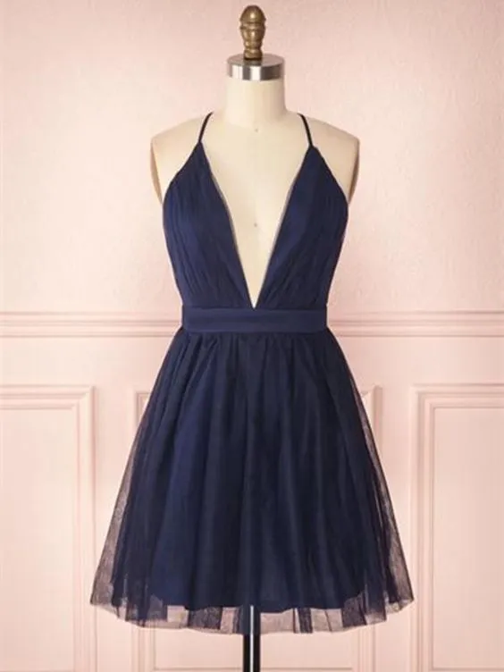 A-Line V-Neck Navy Blue Short Dresses Navy Blue Homecoming Dresses  cg3122
