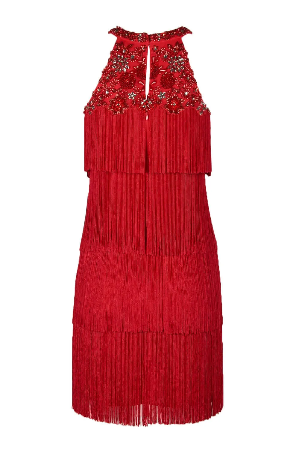 Aidan Mattox Embellished Halter Neck Keyhole Back Tiered Tassel Dress