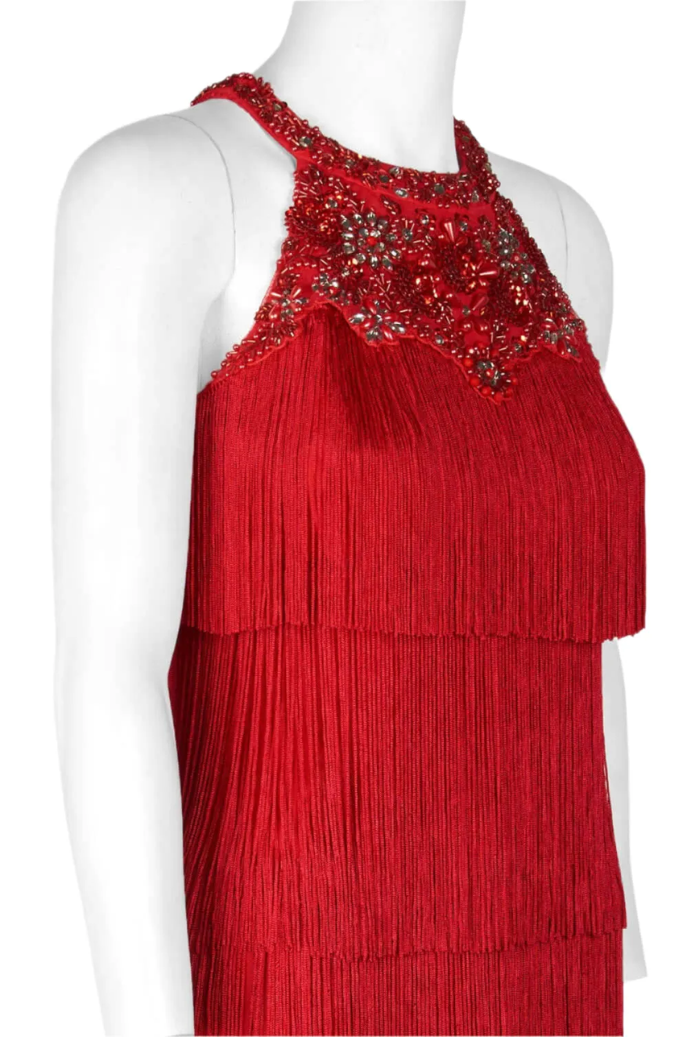 Aidan Mattox Embellished Halter Neck Keyhole Back Tiered Tassel Dress