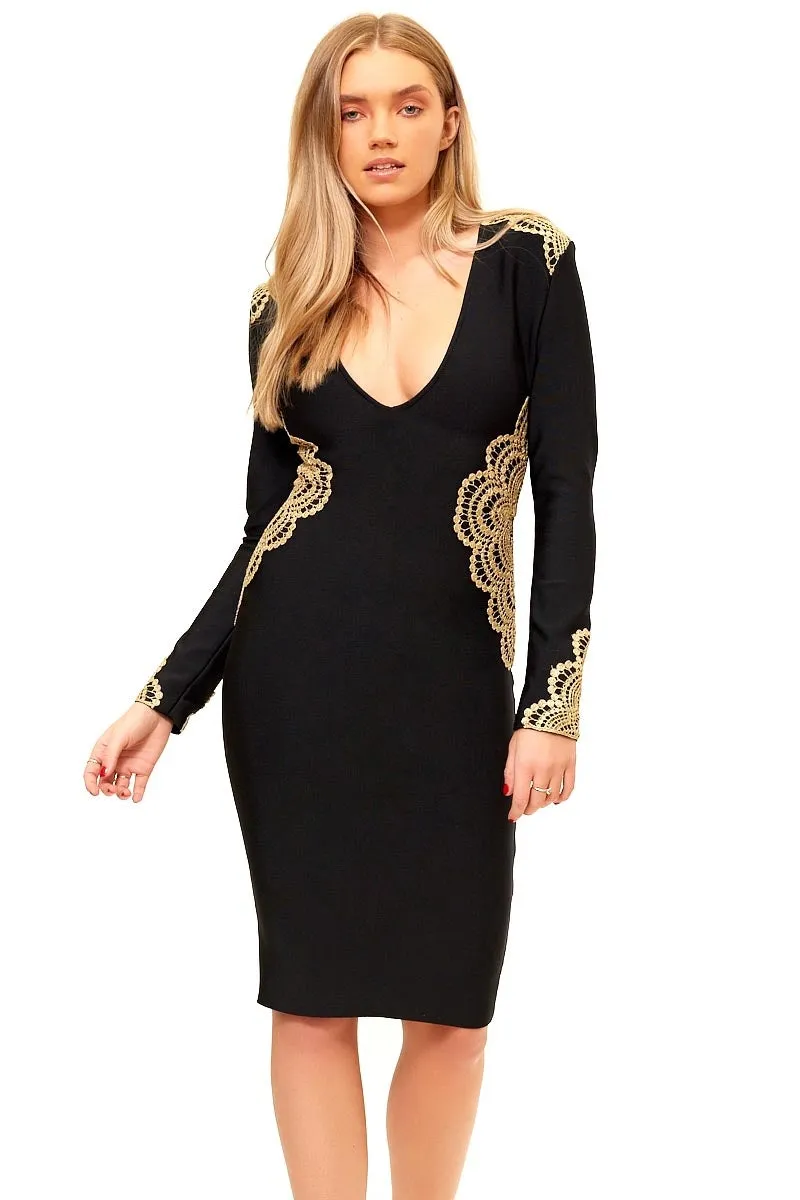 Akita - Black Long Embroidered Sleeve Bandage Dress