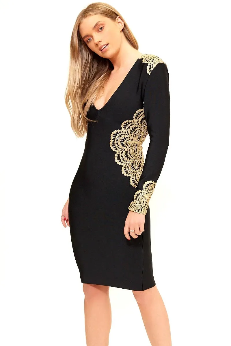 Akita - Black Long Embroidered Sleeve Bandage Dress