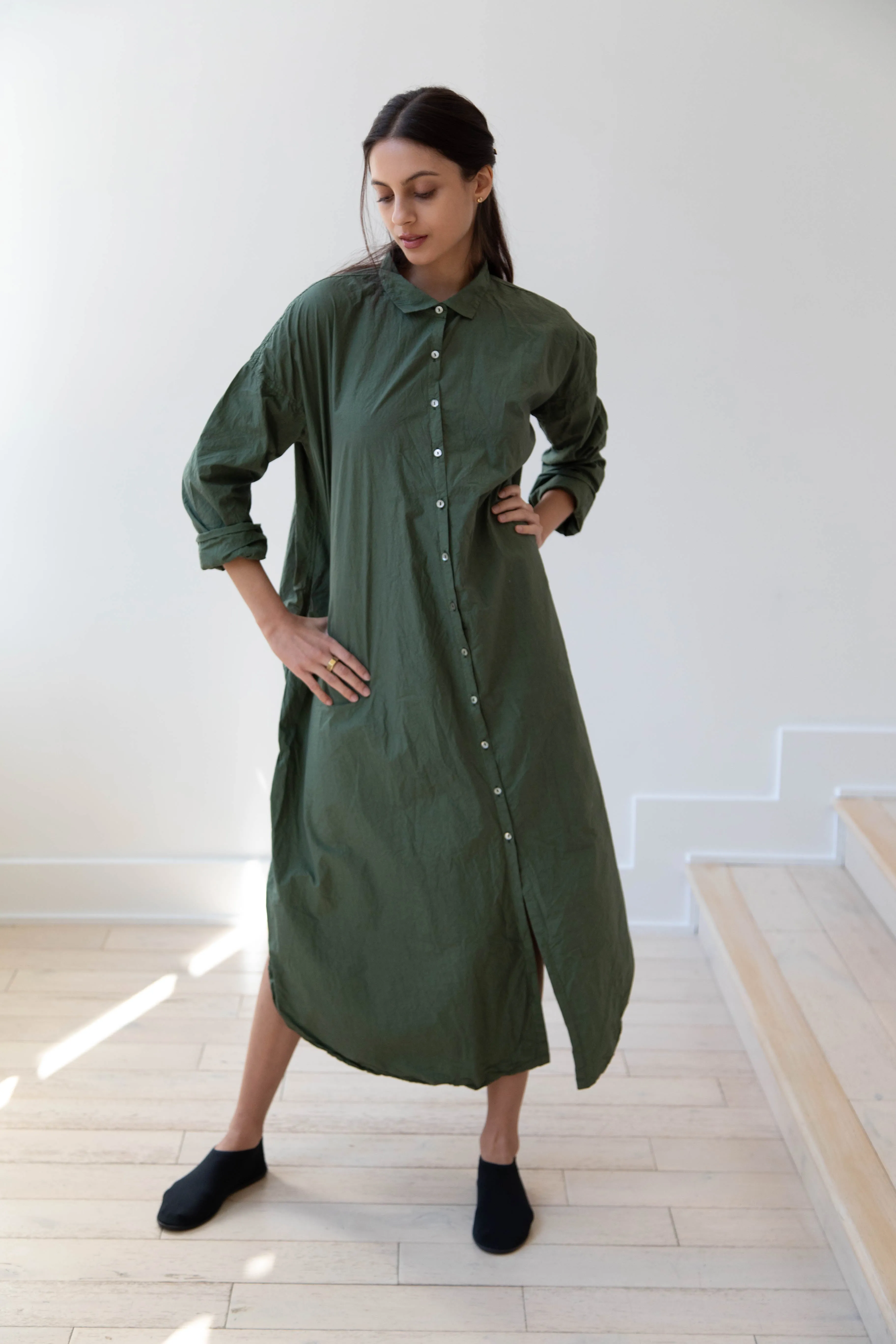 Album di Famiglia | TC Cotton Long Shirt Dress in Green