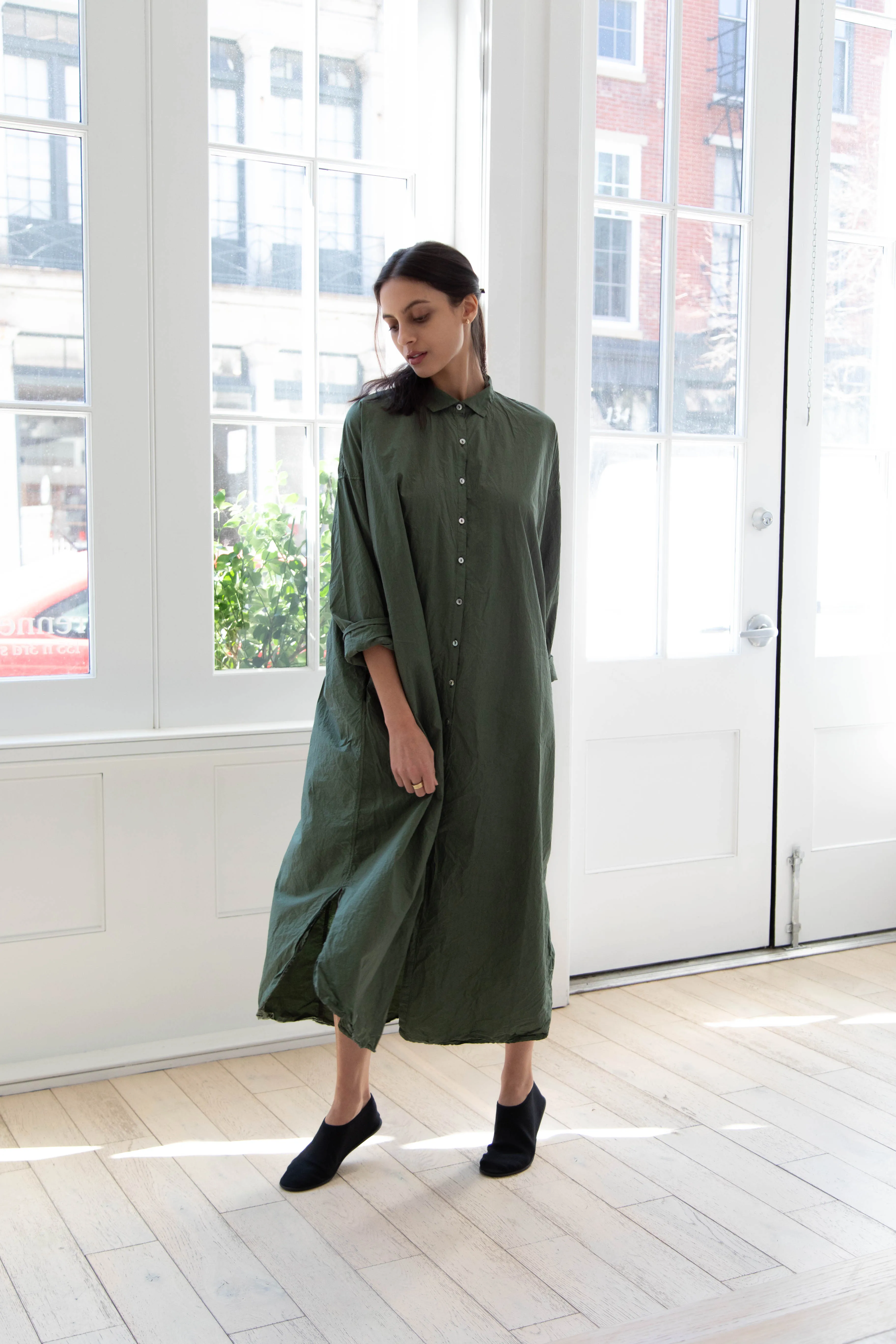 Album di Famiglia | TC Cotton Long Shirt Dress in Green