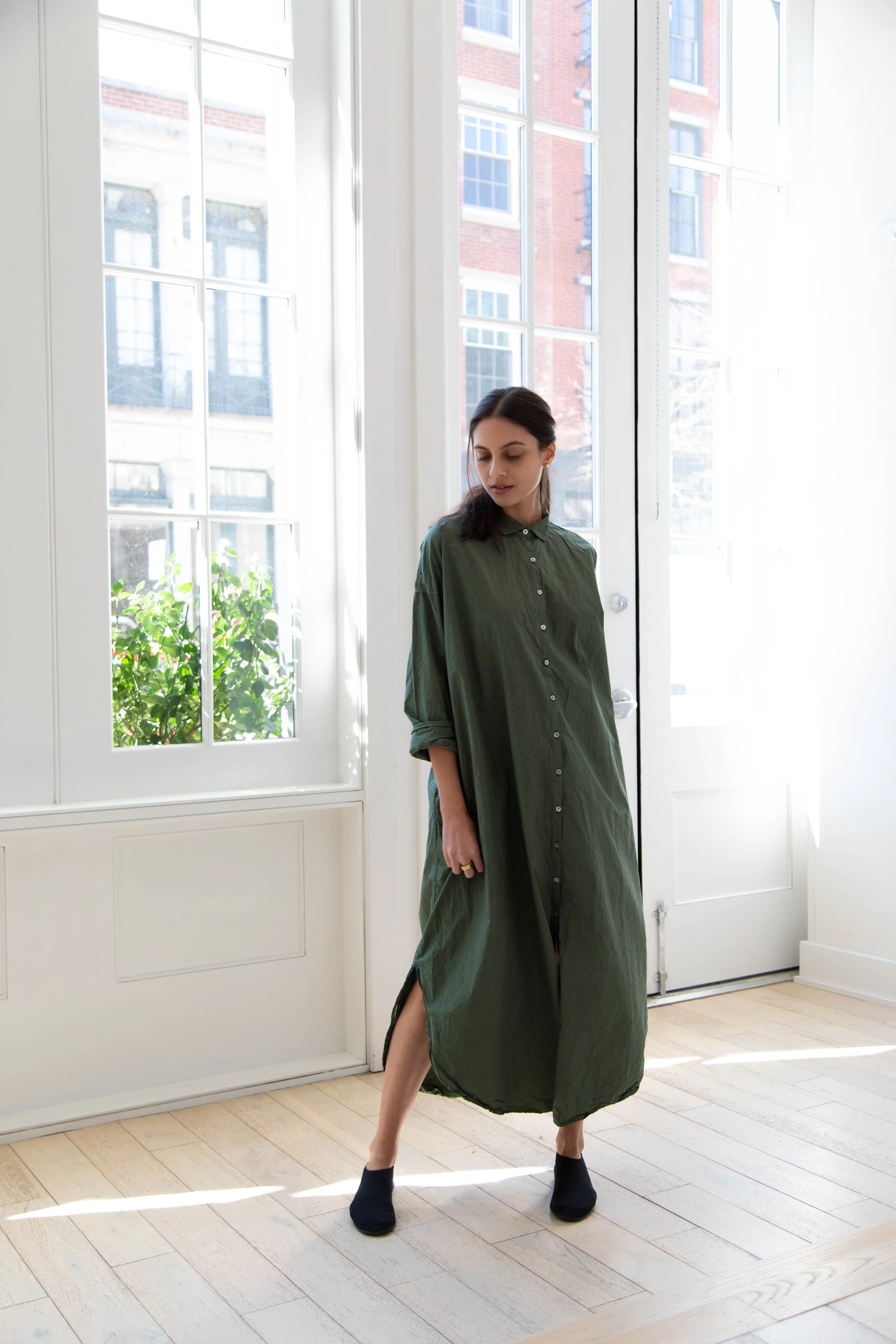 Album di Famiglia | TC Cotton Long Shirt Dress in Green