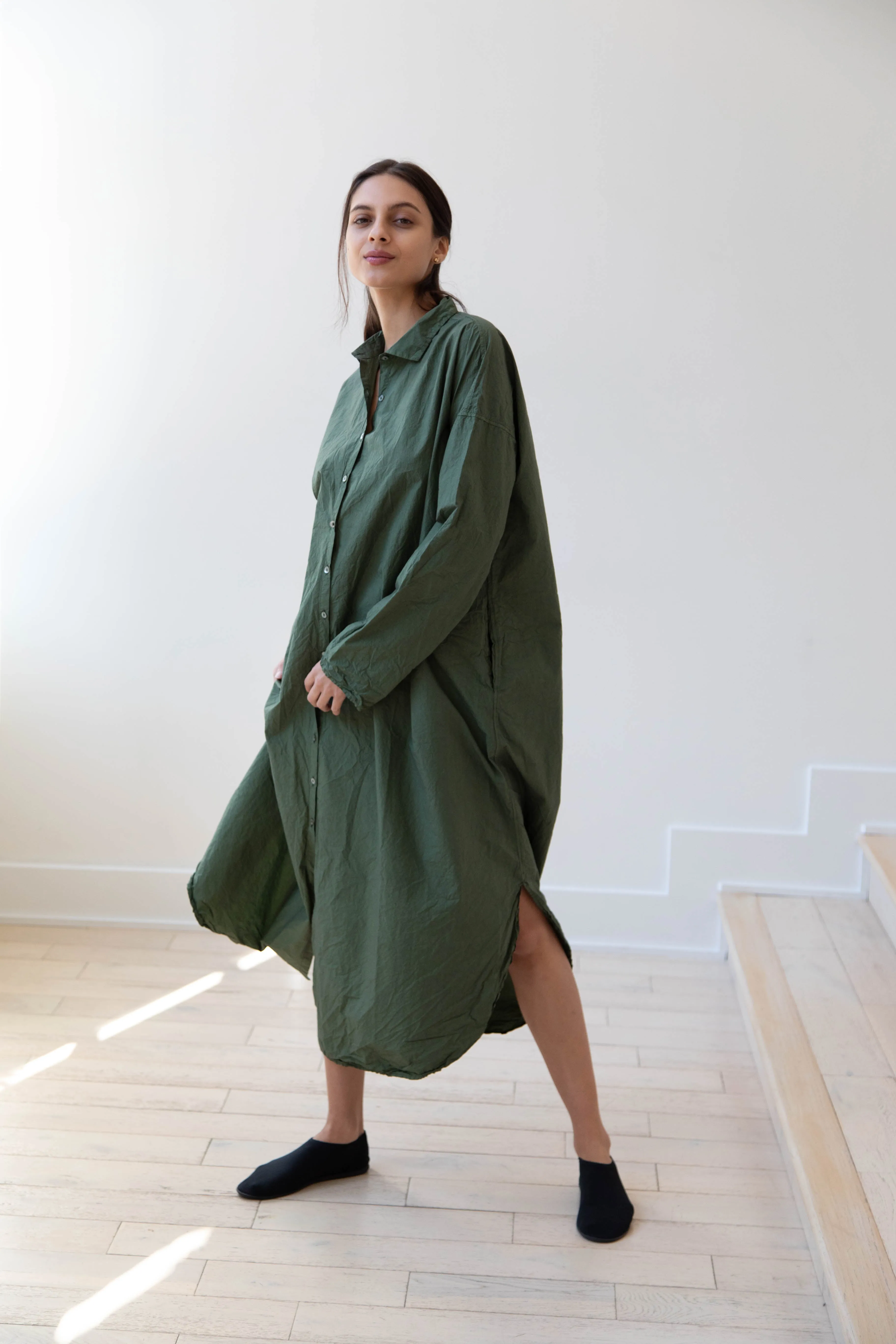 Album di Famiglia | TC Cotton Long Shirt Dress in Green