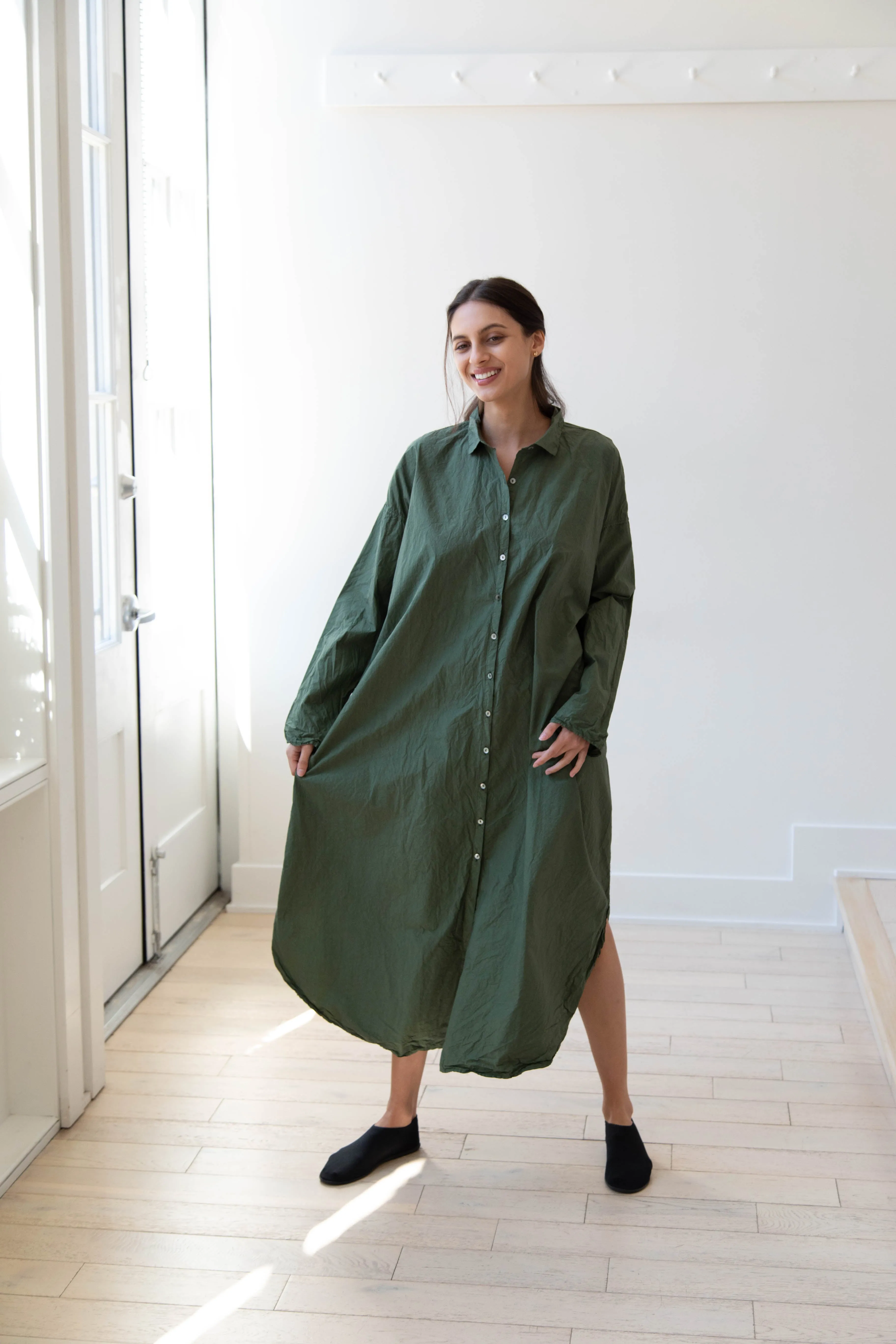 Album di Famiglia | TC Cotton Long Shirt Dress in Green