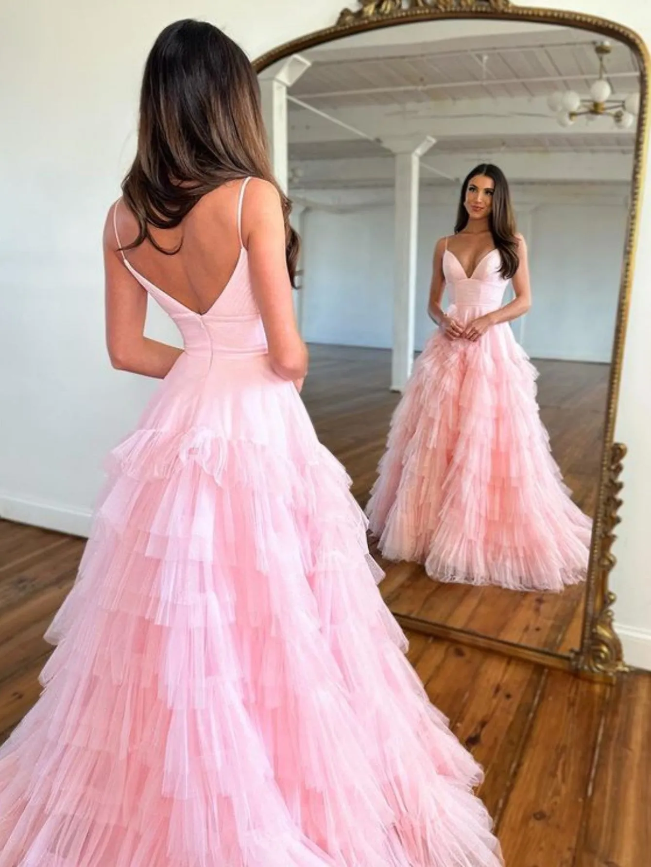 Alianna | Light Pink A-Line Tiered Spaghetti Straps Tulle Prom Dress