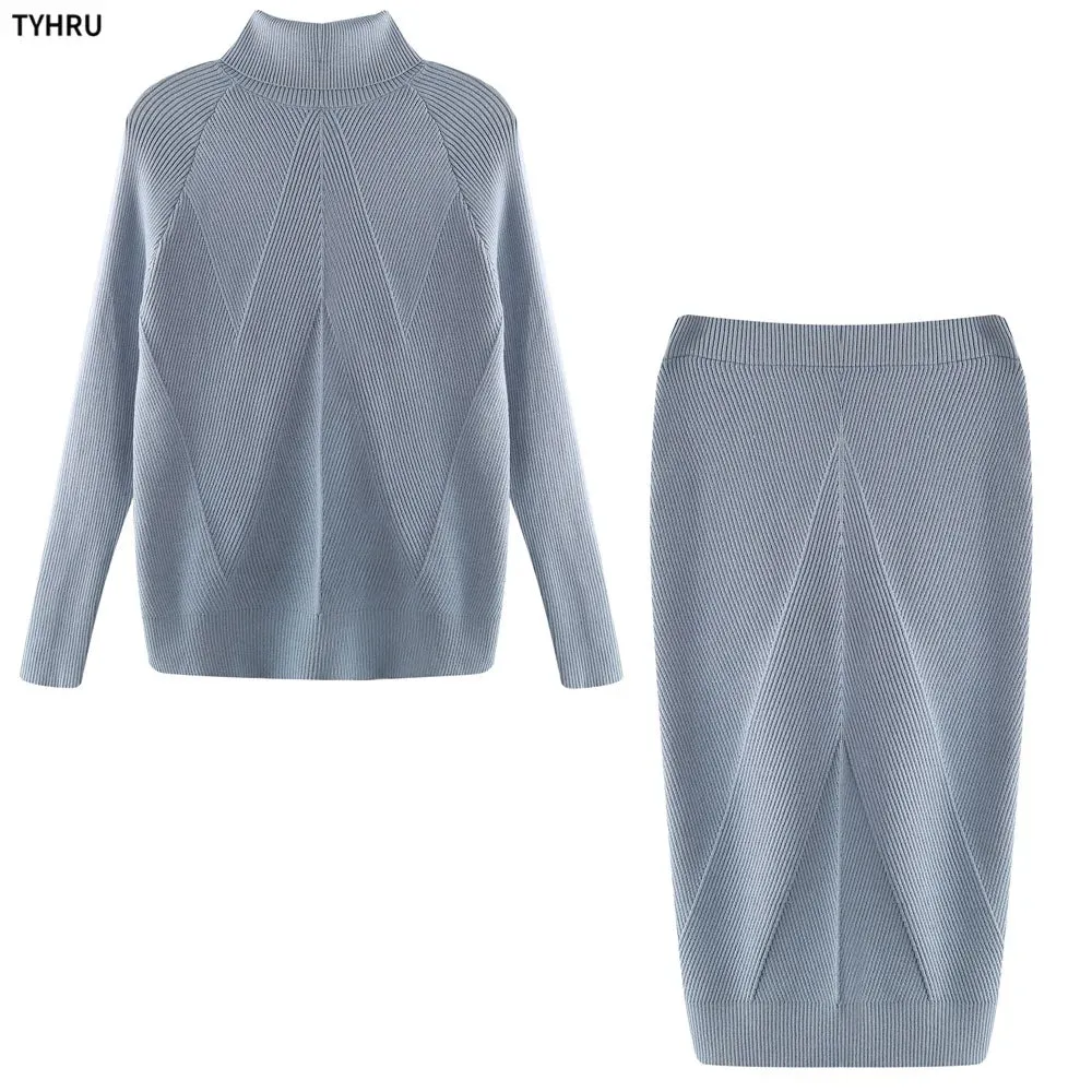 Autumn Women's Turtleneck Knitted Sweater   Slim Skirt Set 2-Piece