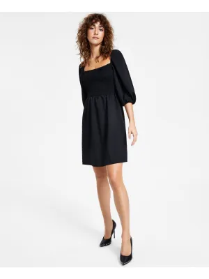 BAR III DRESSES Womens Black Smocked Pullover 3/4 Sleeve Square Neck Short Fit   Flare Dress
