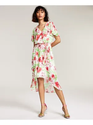 BAR III DRESSES Womens Ruffled Floral Flutter Sleeve Surplice Neckline Midi Party Hi-Lo Dress