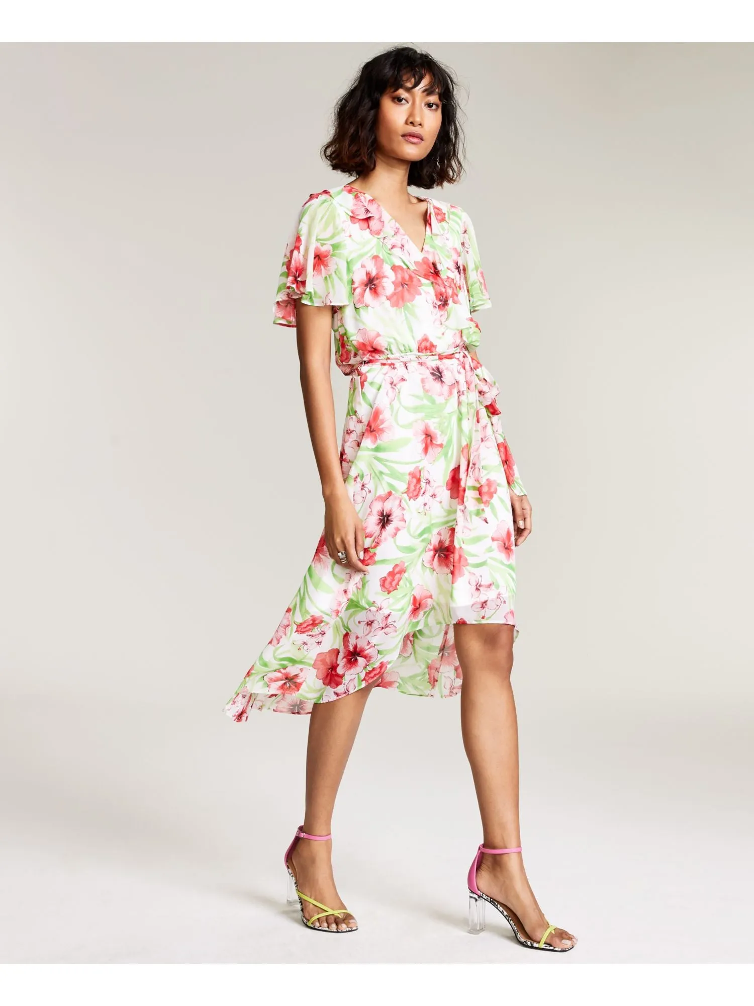 BAR III DRESSES Womens Ruffled Floral Flutter Sleeve Surplice Neckline Midi Party Hi-Lo Dress