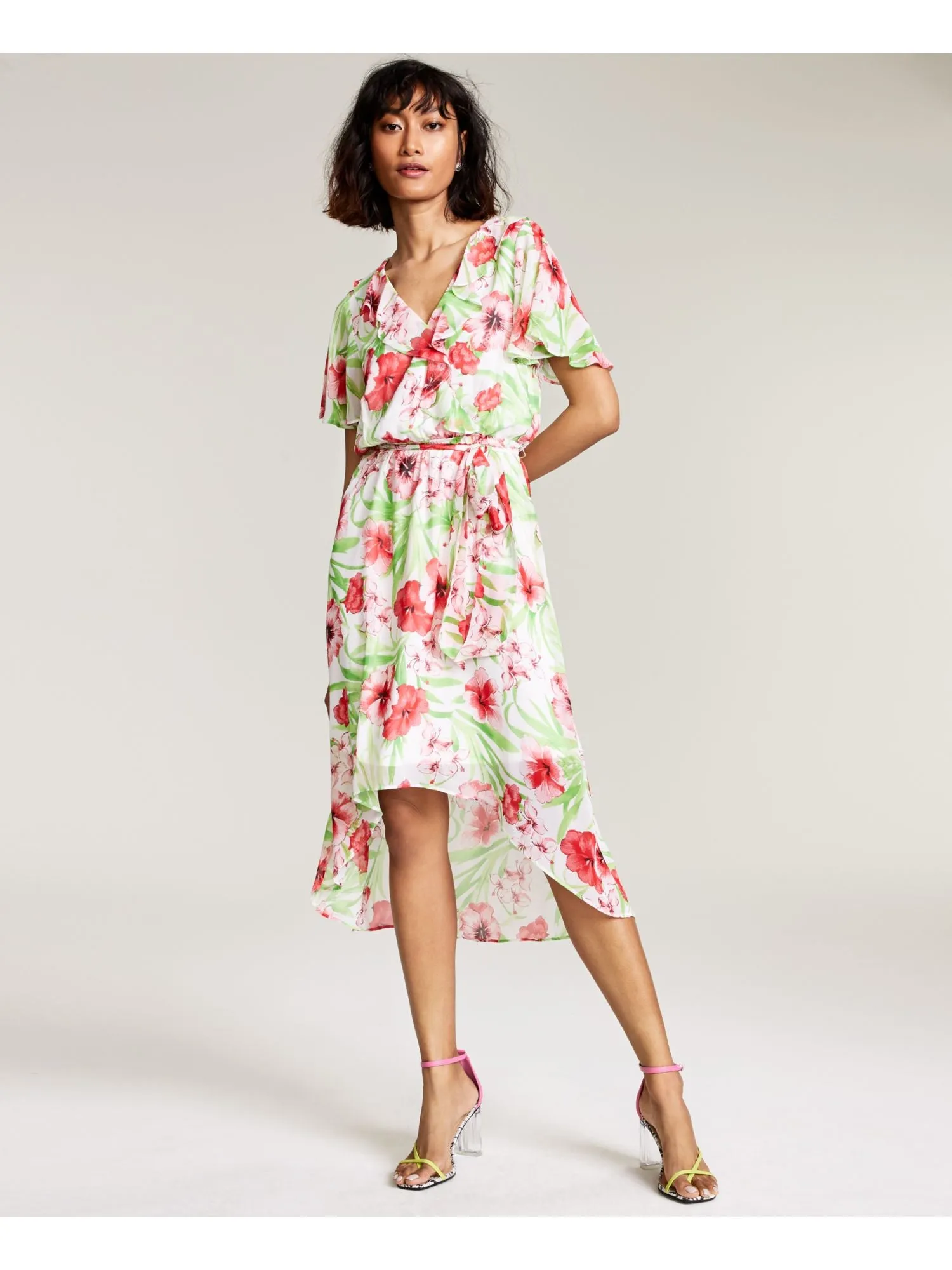 BAR III DRESSES Womens Ruffled Floral Flutter Sleeve Surplice Neckline Midi Party Hi-Lo Dress