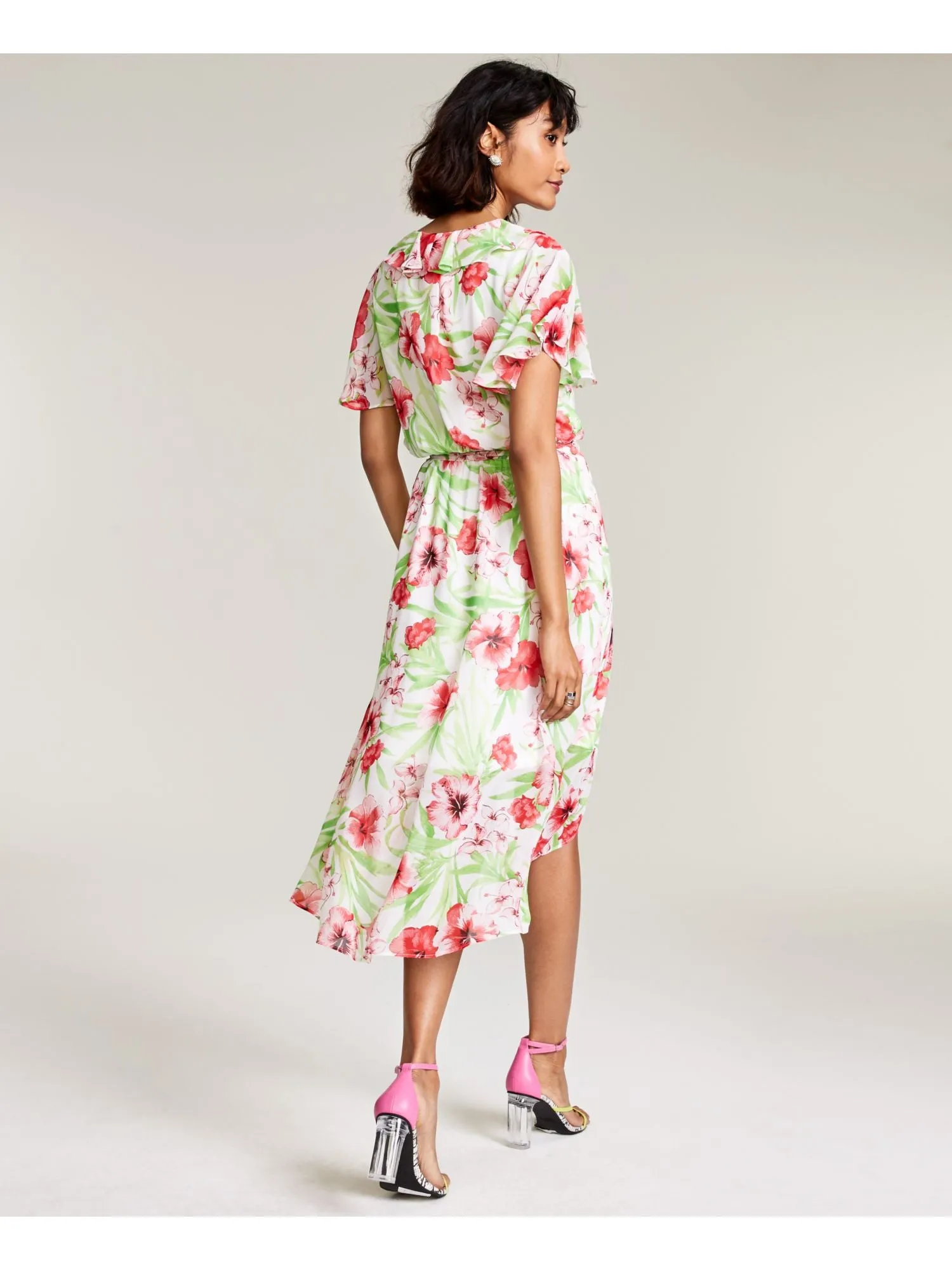 BAR III DRESSES Womens Ruffled Floral Flutter Sleeve Surplice Neckline Midi Party Hi-Lo Dress