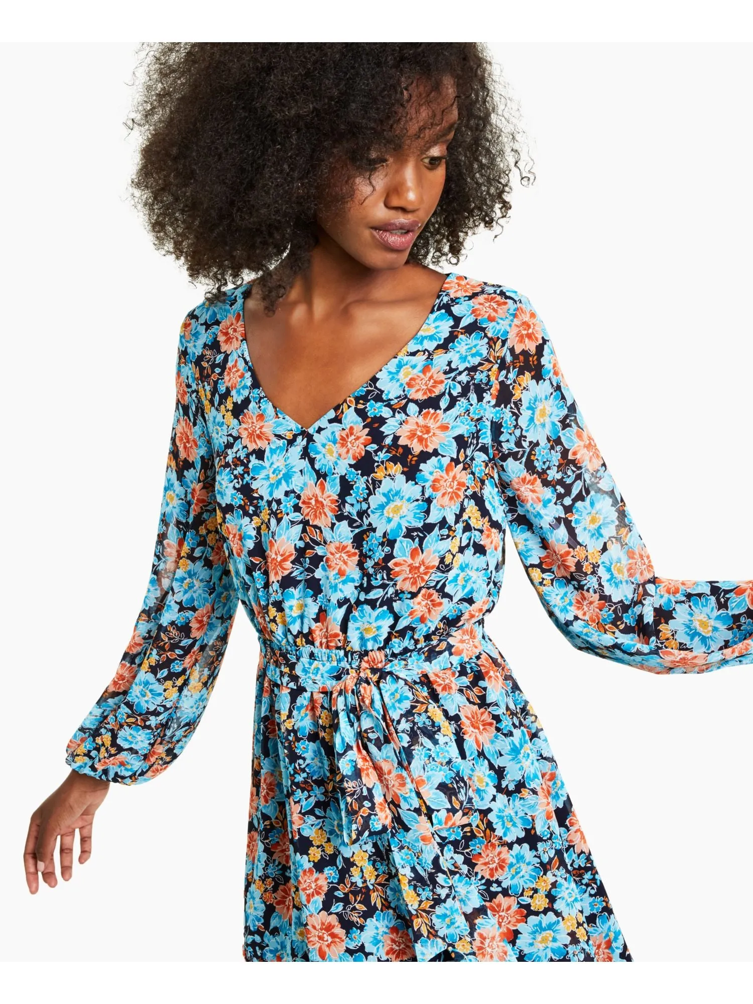 BAR III DRESSES Womens Woven Floral Long Sleeve V Neck Short Party Fit   Flare Dress
