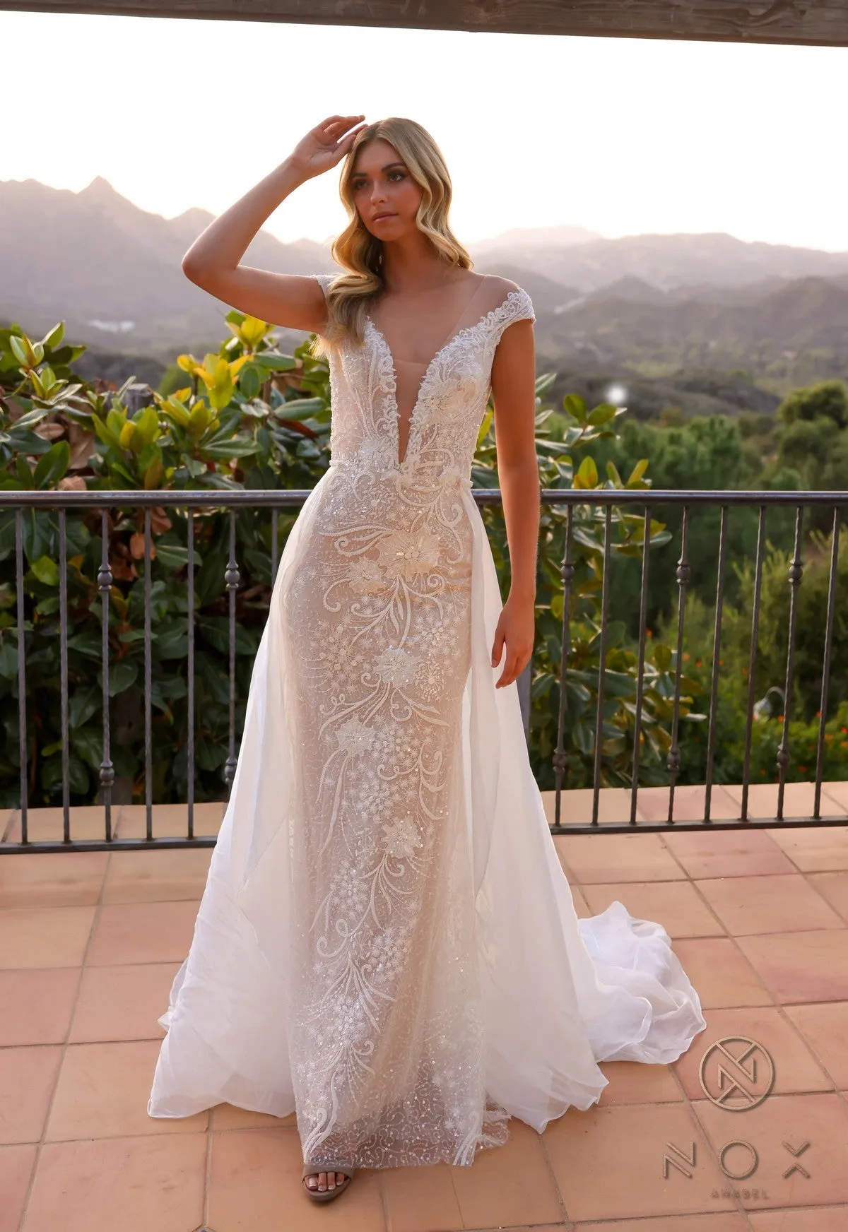Beaded Cap Sleeve Bridal Overskirt Wedding Dress_JE995L