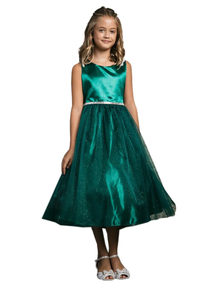 Big Girls Hunter Green Beaded Shoulder Crystal Belt Gown 8-16