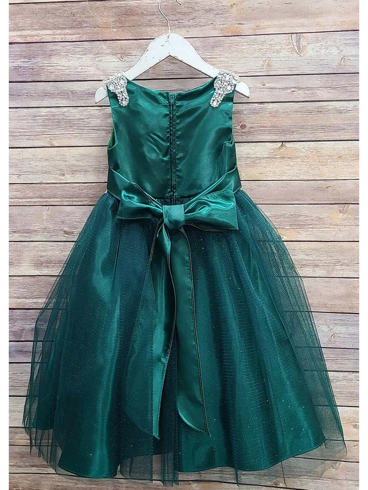 Big Girls Hunter Green Beaded Shoulder Crystal Belt Gown 8-16