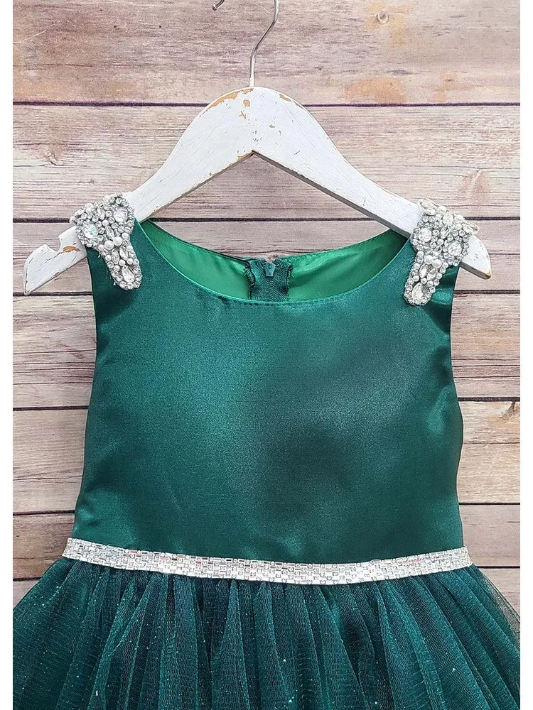 Big Girls Hunter Green Beaded Shoulder Crystal Belt Gown 8-16