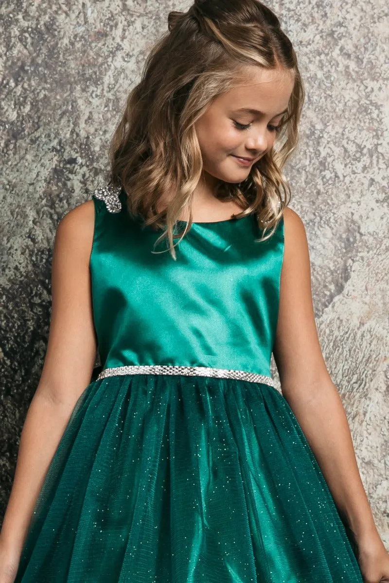 Big Girls Hunter Green Beaded Shoulder Crystal Belt Gown 8-16