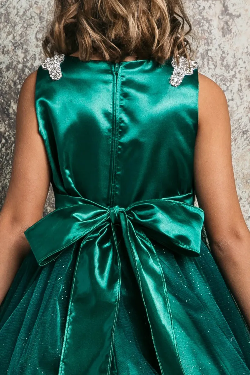 Big Girls Hunter Green Beaded Shoulder Crystal Belt Gown 8-16
