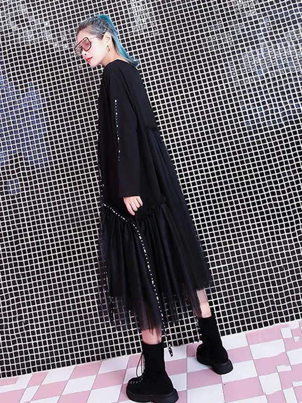 Black Loose Rivet Gauze Splicing Dress