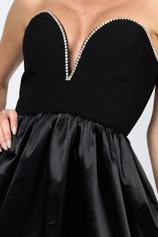 Black Luxe Rhinestones Trim Sweetheart Bubble Mini Dress