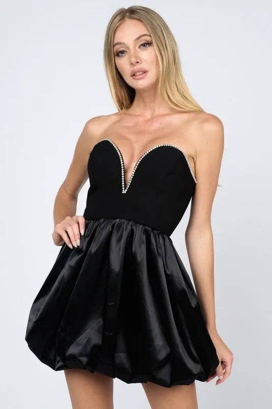Black Luxe Rhinestones Trim Sweetheart Bubble Mini Dress