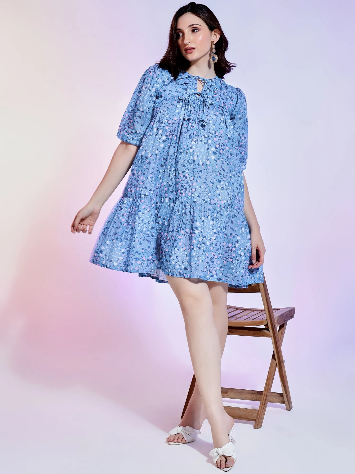 Blue Floral Casual Dress Mini with Chic Three-Quarter Sleeves