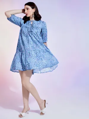 Blue Floral Casual Dress Mini with Chic Three-Quarter Sleeves