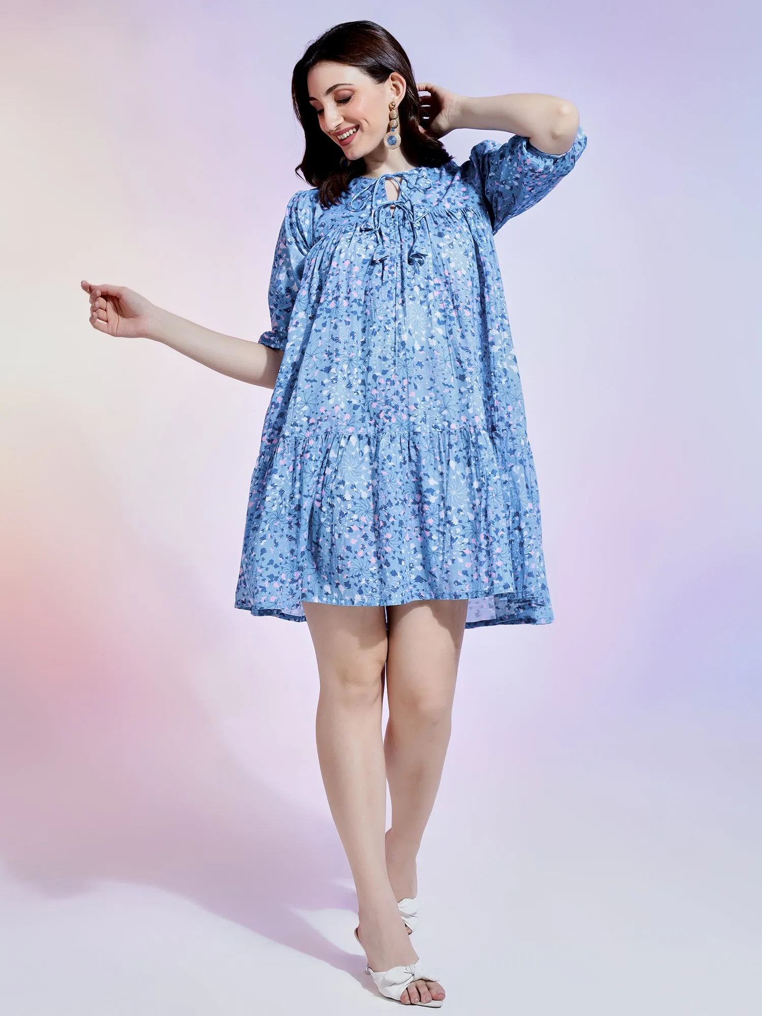 Blue Floral Casual Dress Mini with Chic Three-Quarter Sleeves