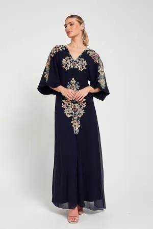 Briony Navy Embroidered Maxi Dress with Batwing Sleeves
