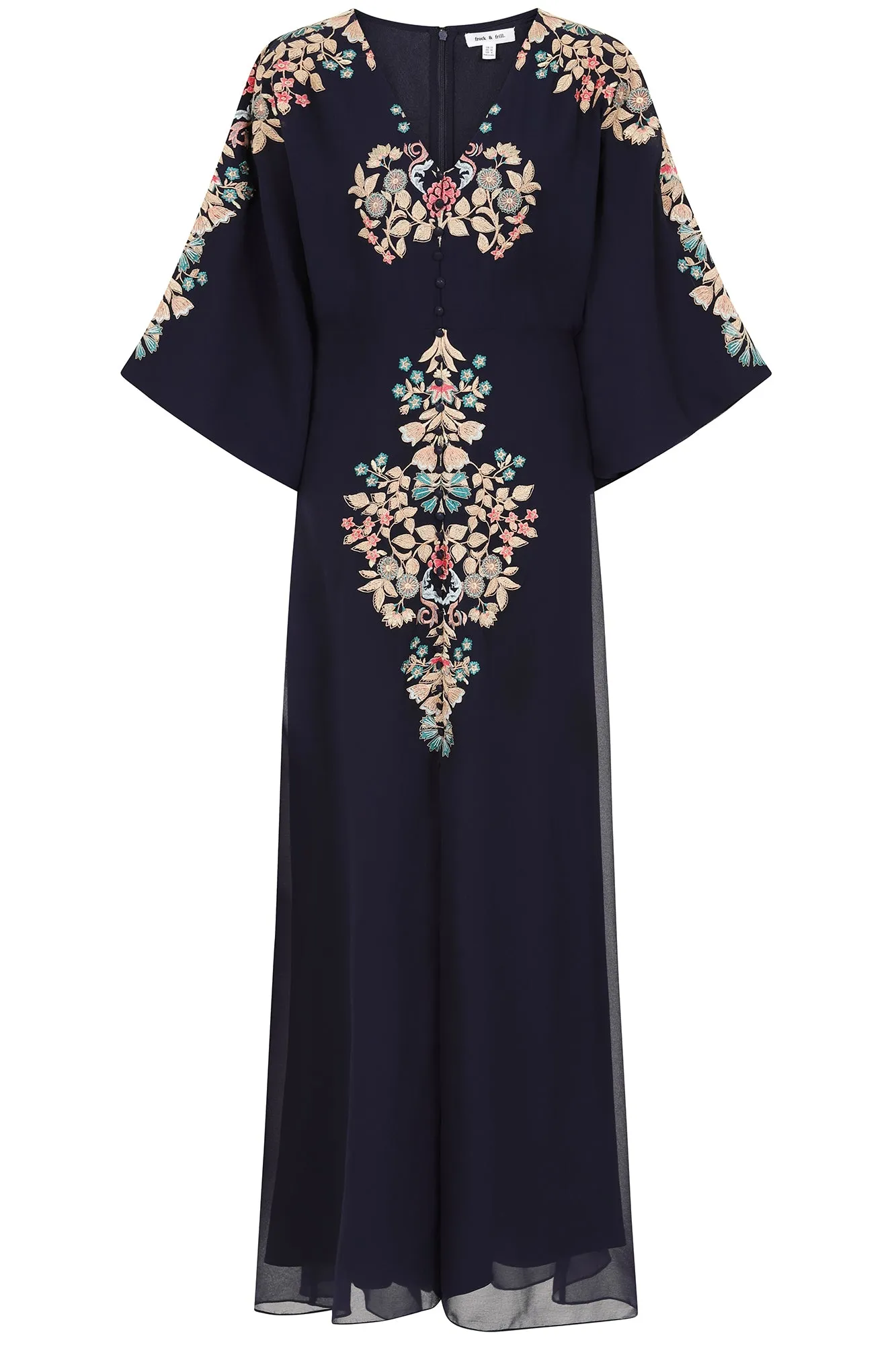 Briony Navy Embroidered Maxi Dress with Batwing Sleeves