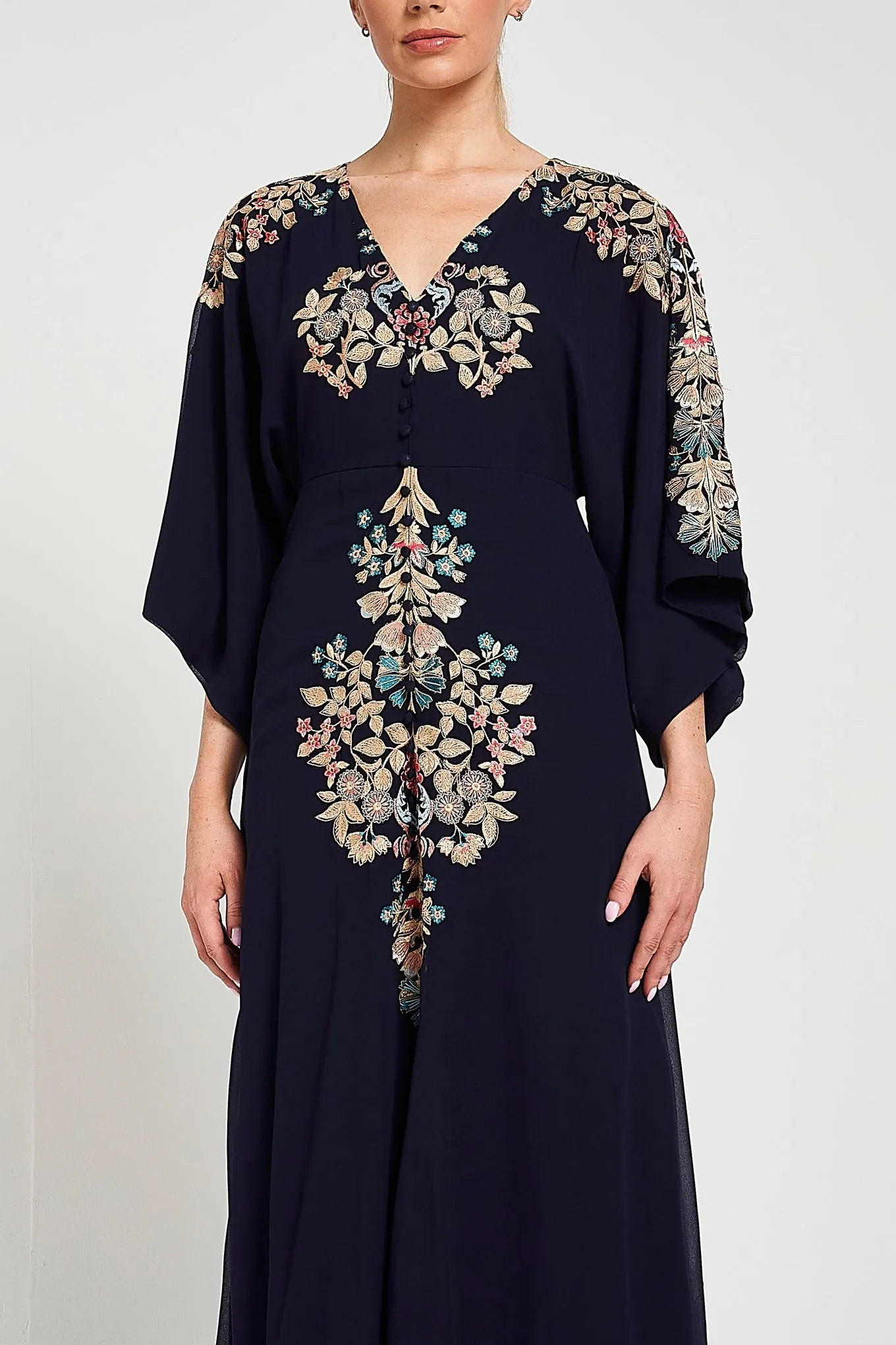 Briony Navy Embroidered Maxi Dress with Batwing Sleeves