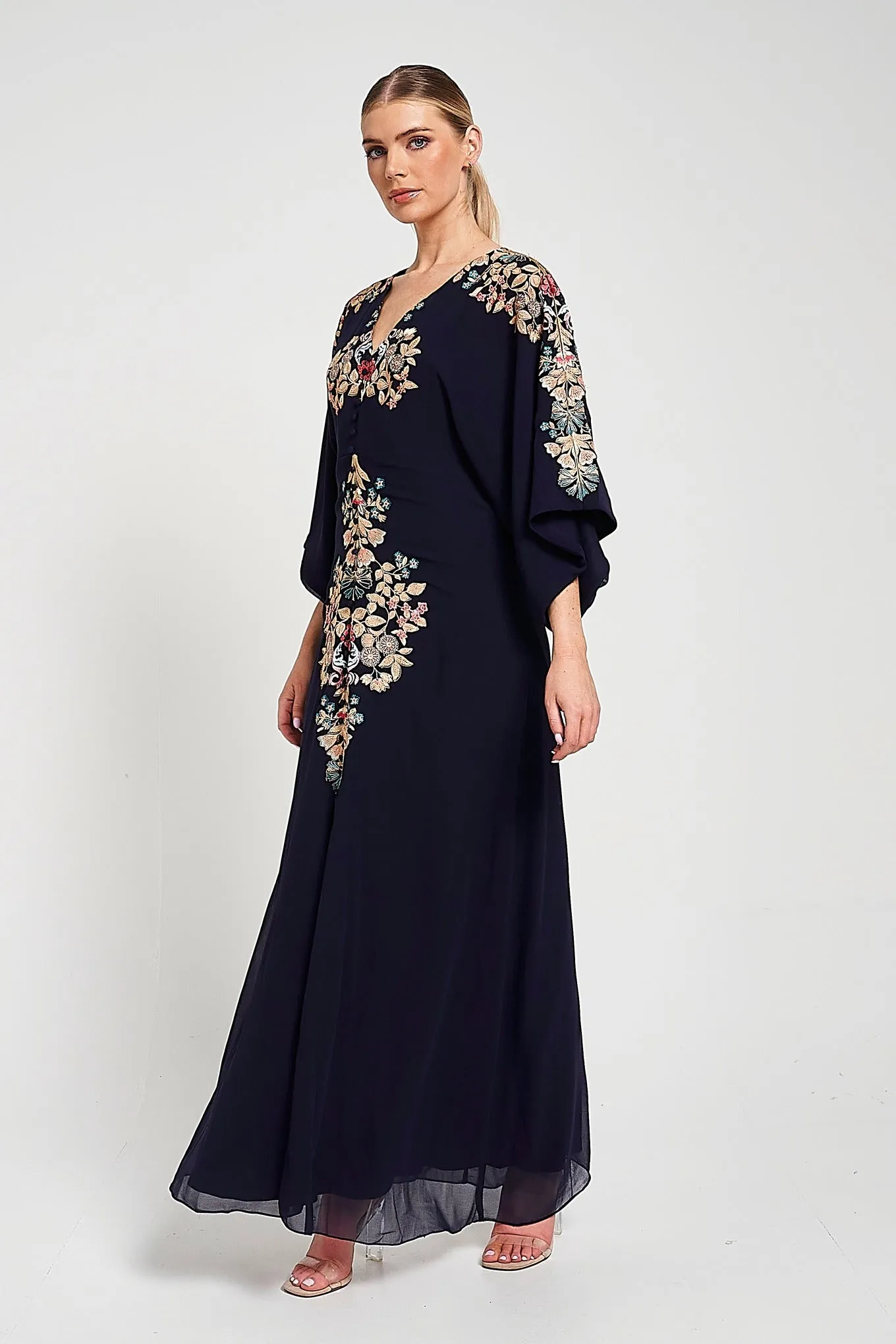 Briony Navy Embroidered Maxi Dress with Batwing Sleeves