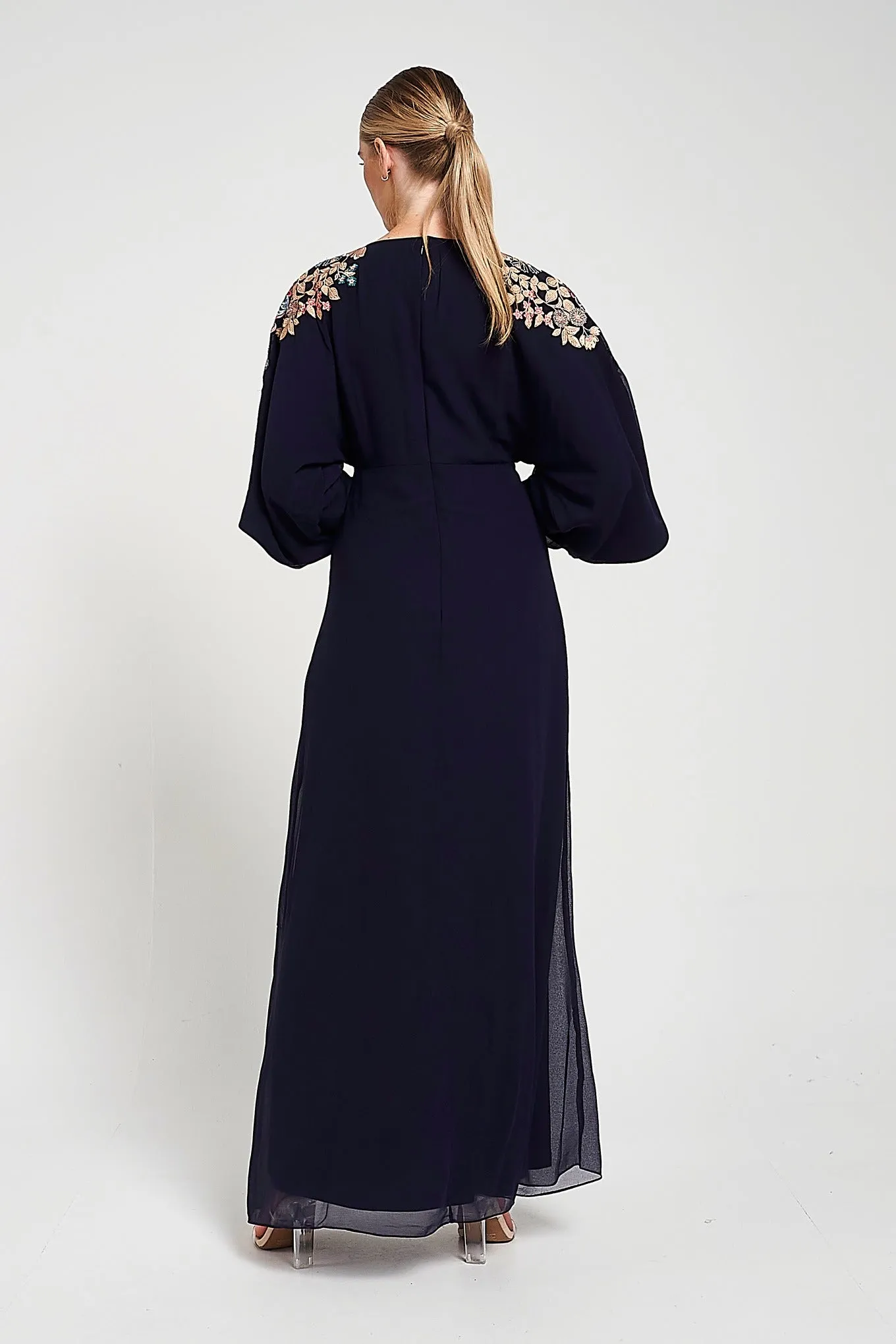 Briony Navy Embroidered Maxi Dress with Batwing Sleeves