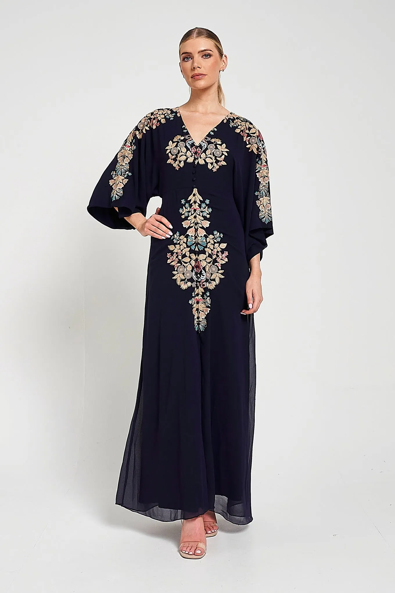 Briony Navy Embroidered Maxi Dress with Batwing Sleeves