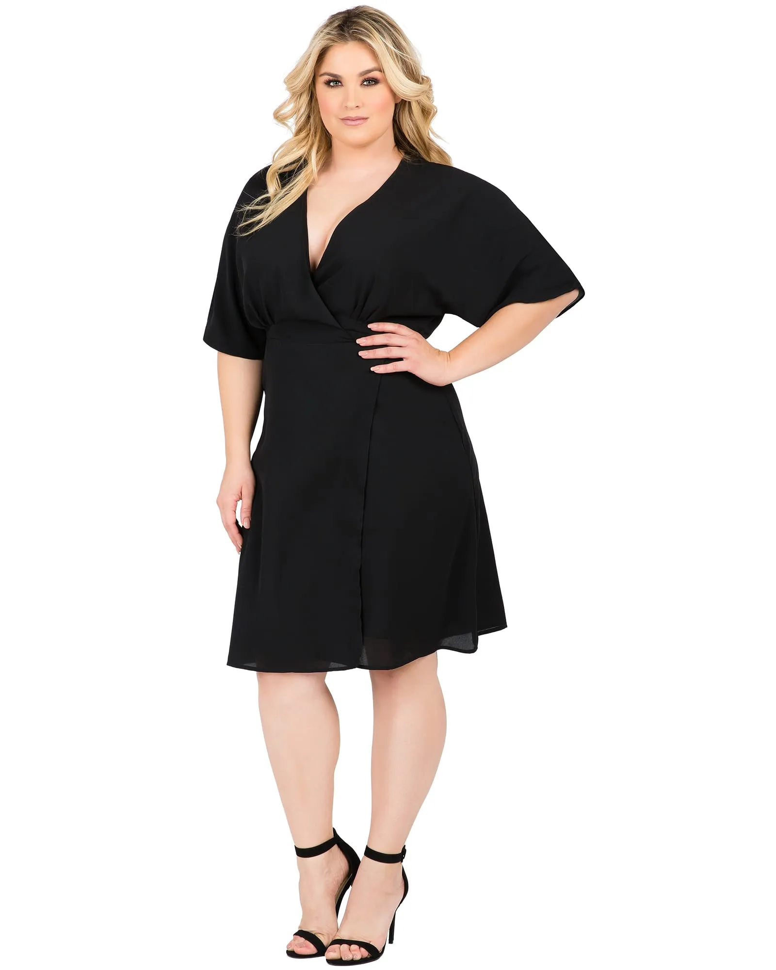Caroline V-Neck Kimono Wrap Midi Dress | BLACK