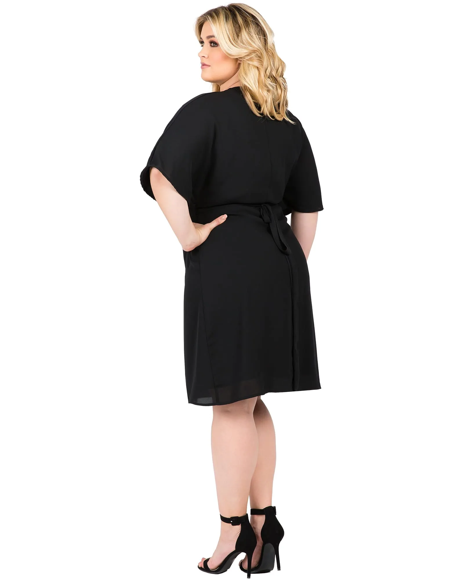 Caroline V-Neck Kimono Wrap Midi Dress | BLACK