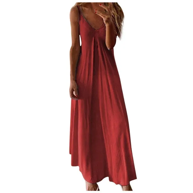 Casual Sleeveless V-neck Boho Hippie Chic Long Dress