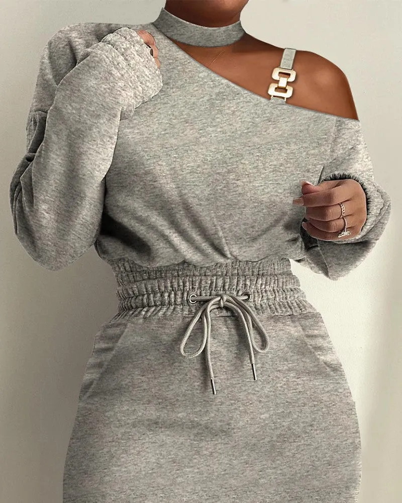 Chain Strap Cold Shoulder Drawstring Sweatshirt Dress