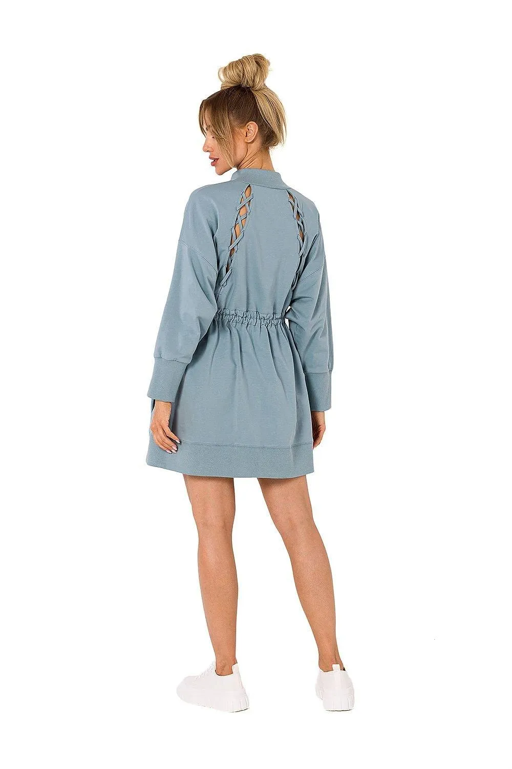 Chic Back Laced Zipper Tunic Dress with Pockets