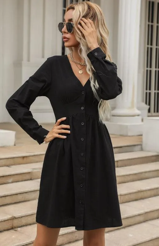 Chic Casual V-Neck Black Shirt Dress for Women