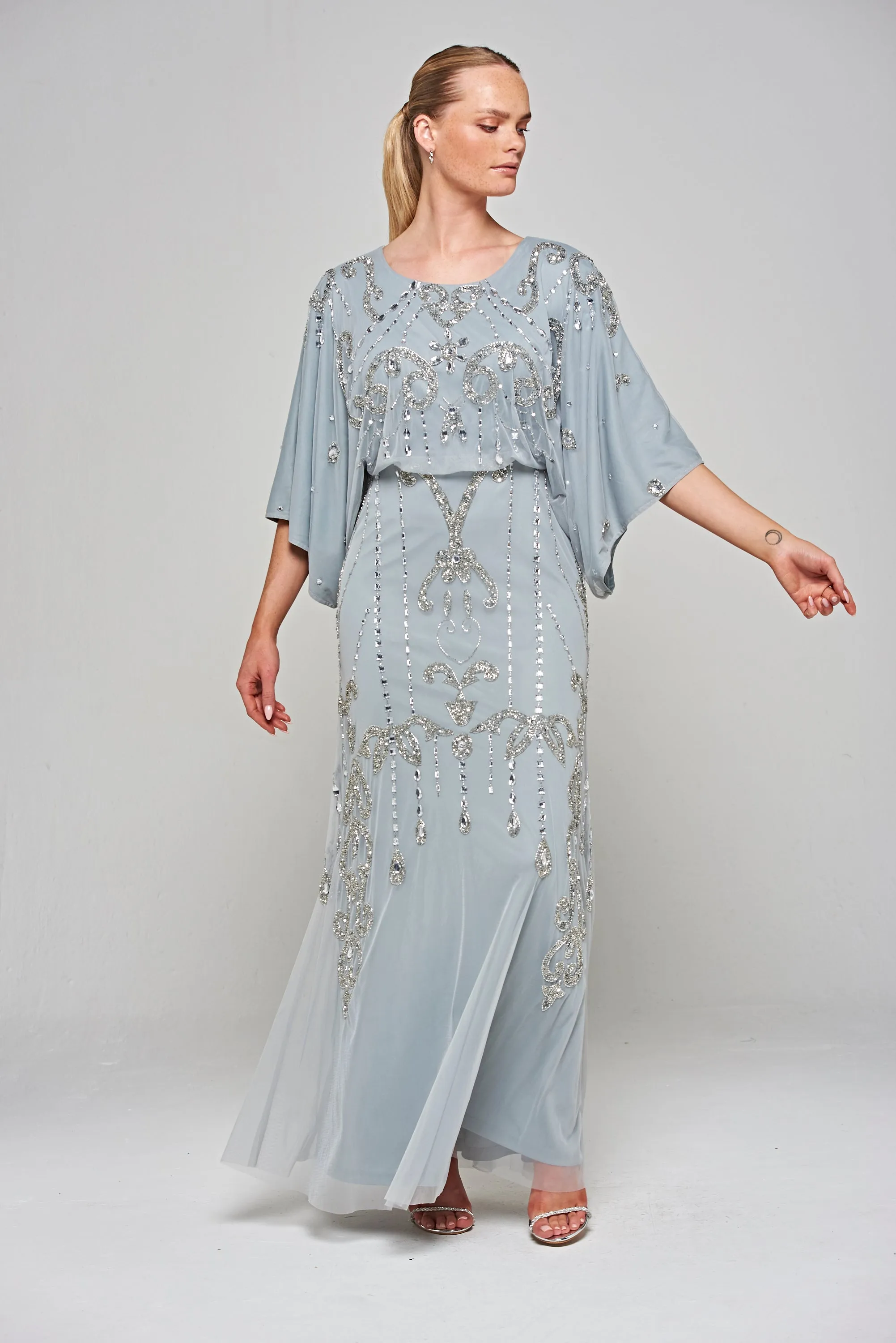 Christine Light Grey Embellished Maxi Dress with Batwing Sleeves