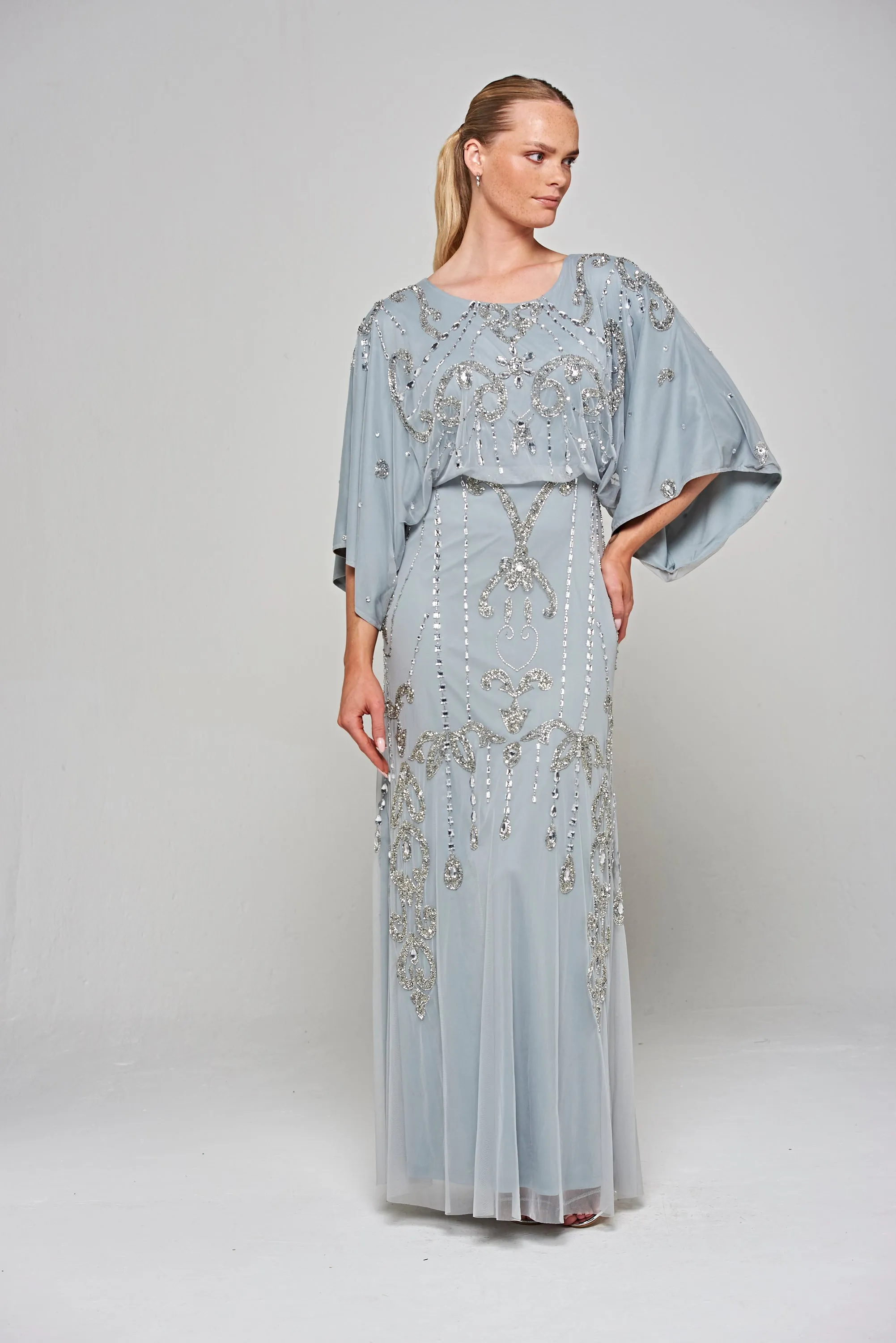 Christine Light Grey Embellished Maxi Dress with Batwing Sleeves