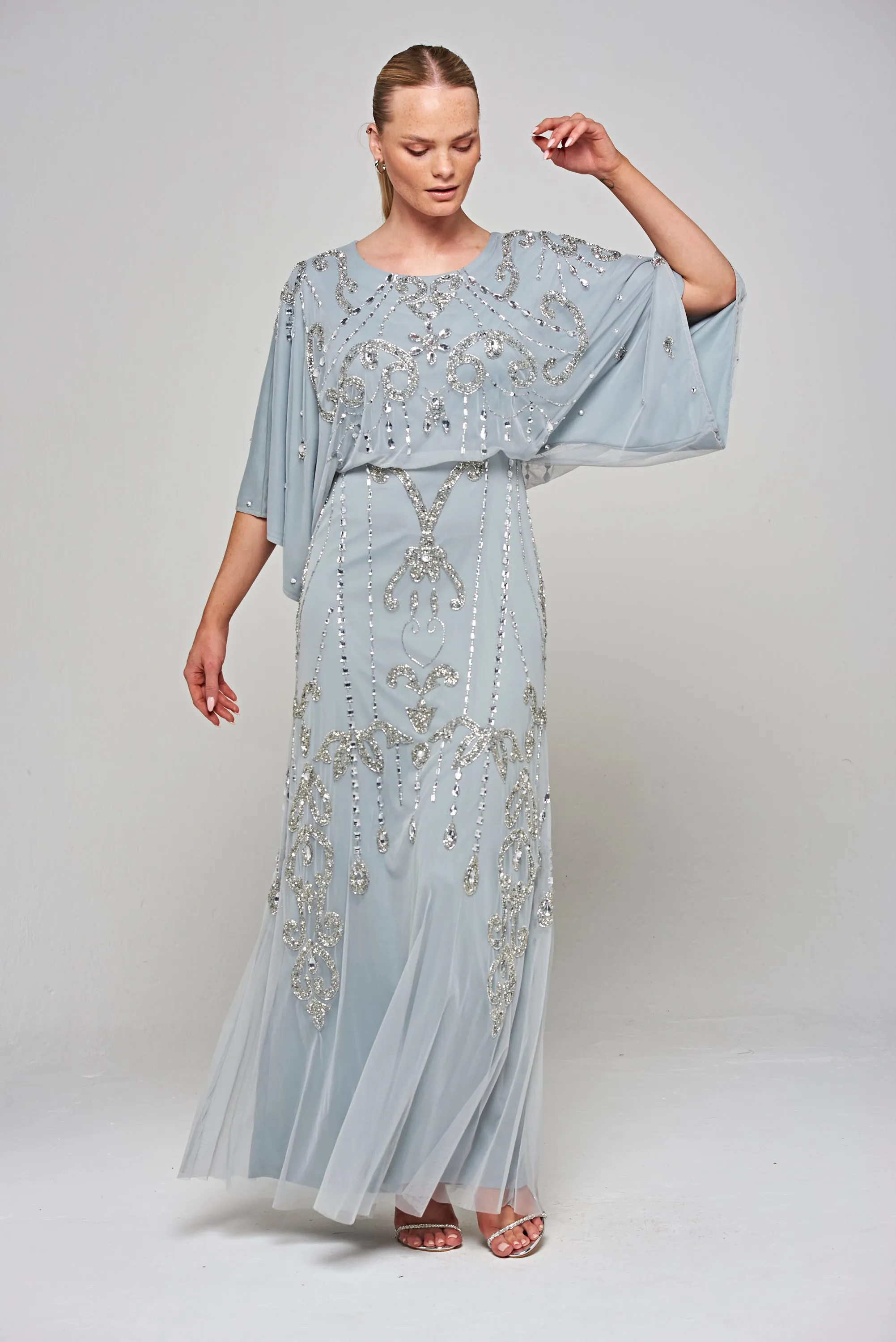 Christine Light Grey Embellished Maxi Dress with Batwing Sleeves