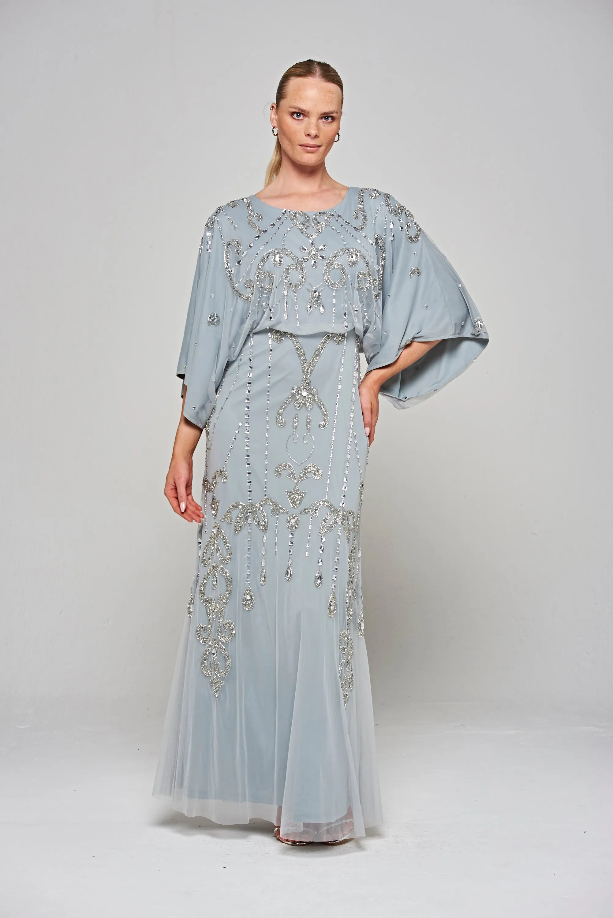 Christine Light Grey Embellished Maxi Dress with Batwing Sleeves